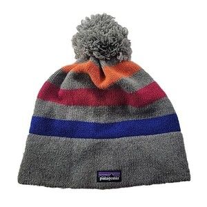 Patagonia Men's OS Striped Beanie Hat Pom Pom Gray Mulitcolor Stripe